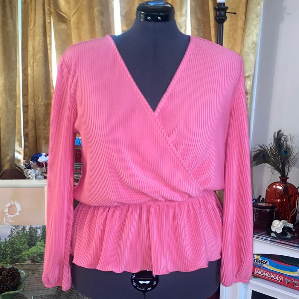*On 34th-Prplum style Pink pleated jeans Blouse, faux wrap